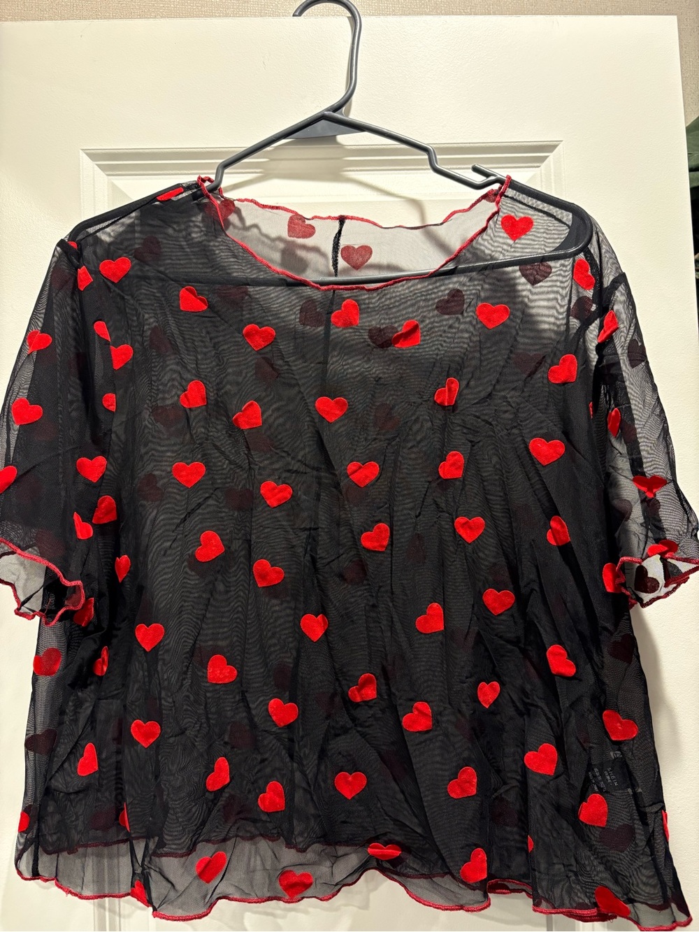 SHEIN Black Sheer Mesh Top with Red Heart Embroidery
